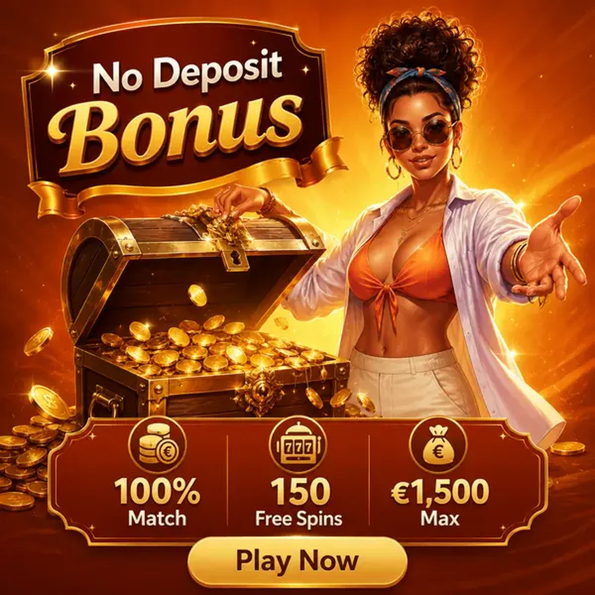 Baú de tesouro transbordando com riquezas do bônus sem depósito Gambloria Casino e moedas douradas