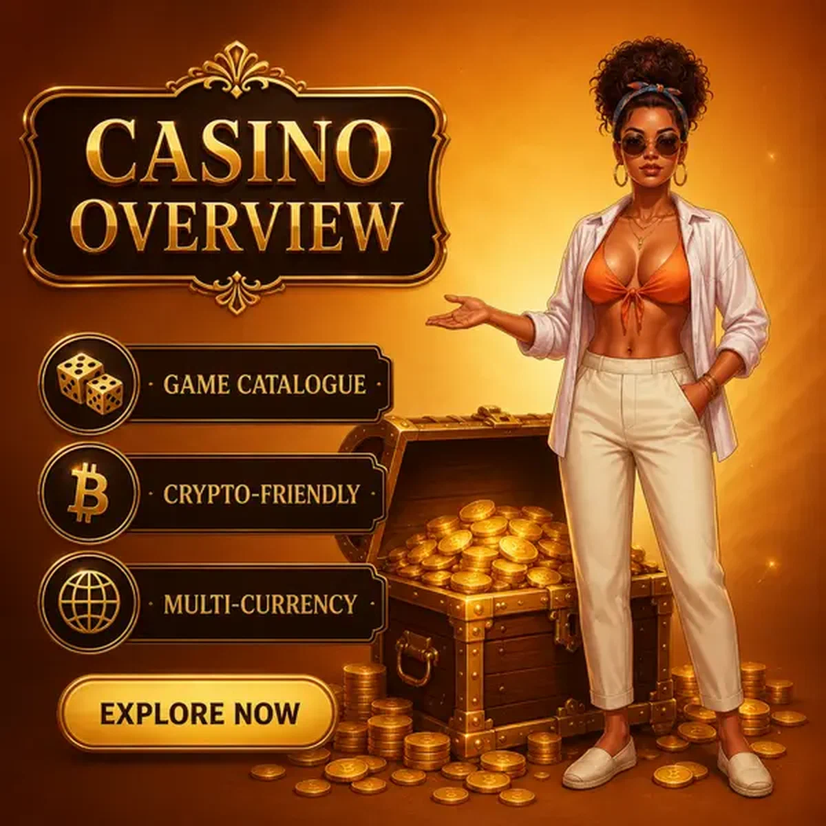 Visão Geral do Gambloria Casino com baú de tesouro transbordando moedas de bônus douradas