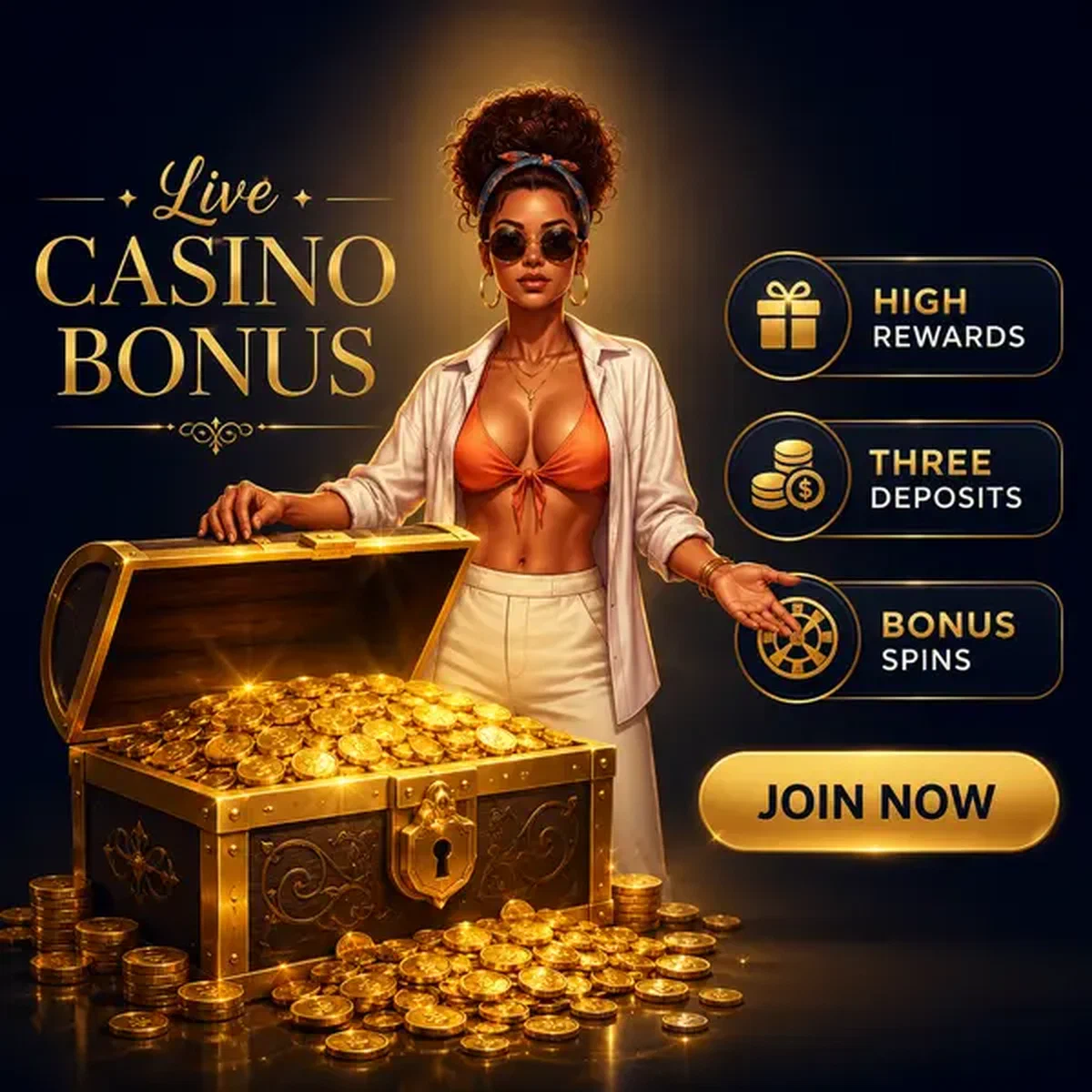 Mulher elegante revelando tesouros de cassino ao vivo no baú de bônus do Gambloria Live Casino