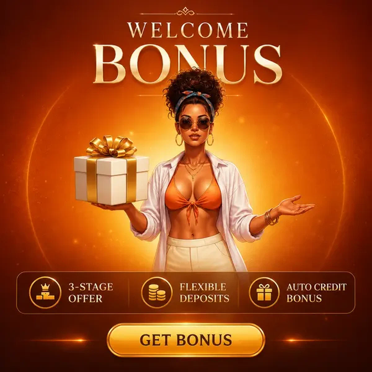 Gerente do Resort apresentando caixa de presente de bônus de boas-vindas no lobby de entrada da Gambloria