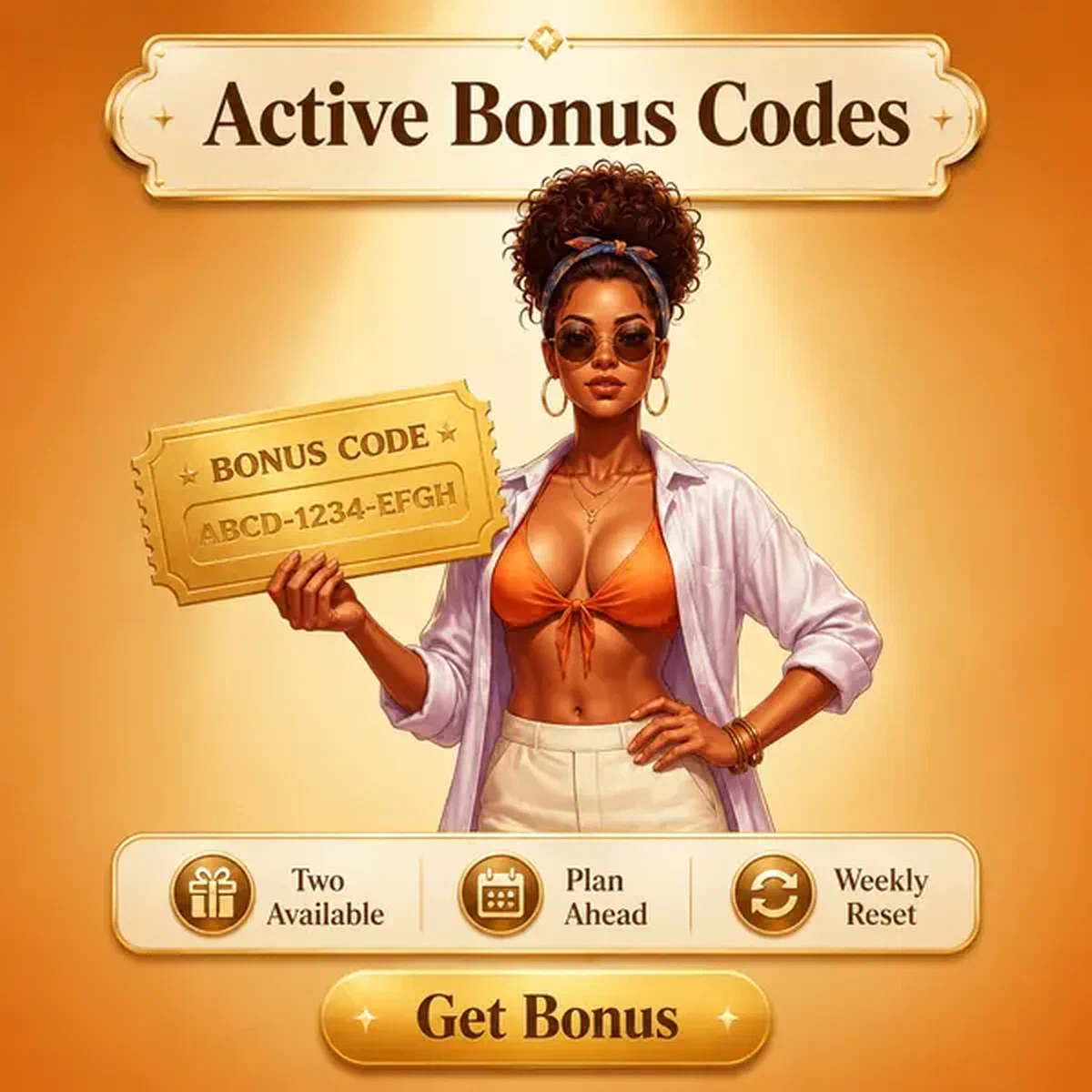 Gerente do Resort apresentando voucher dourado com códigos de bônus no Gambloria Casino