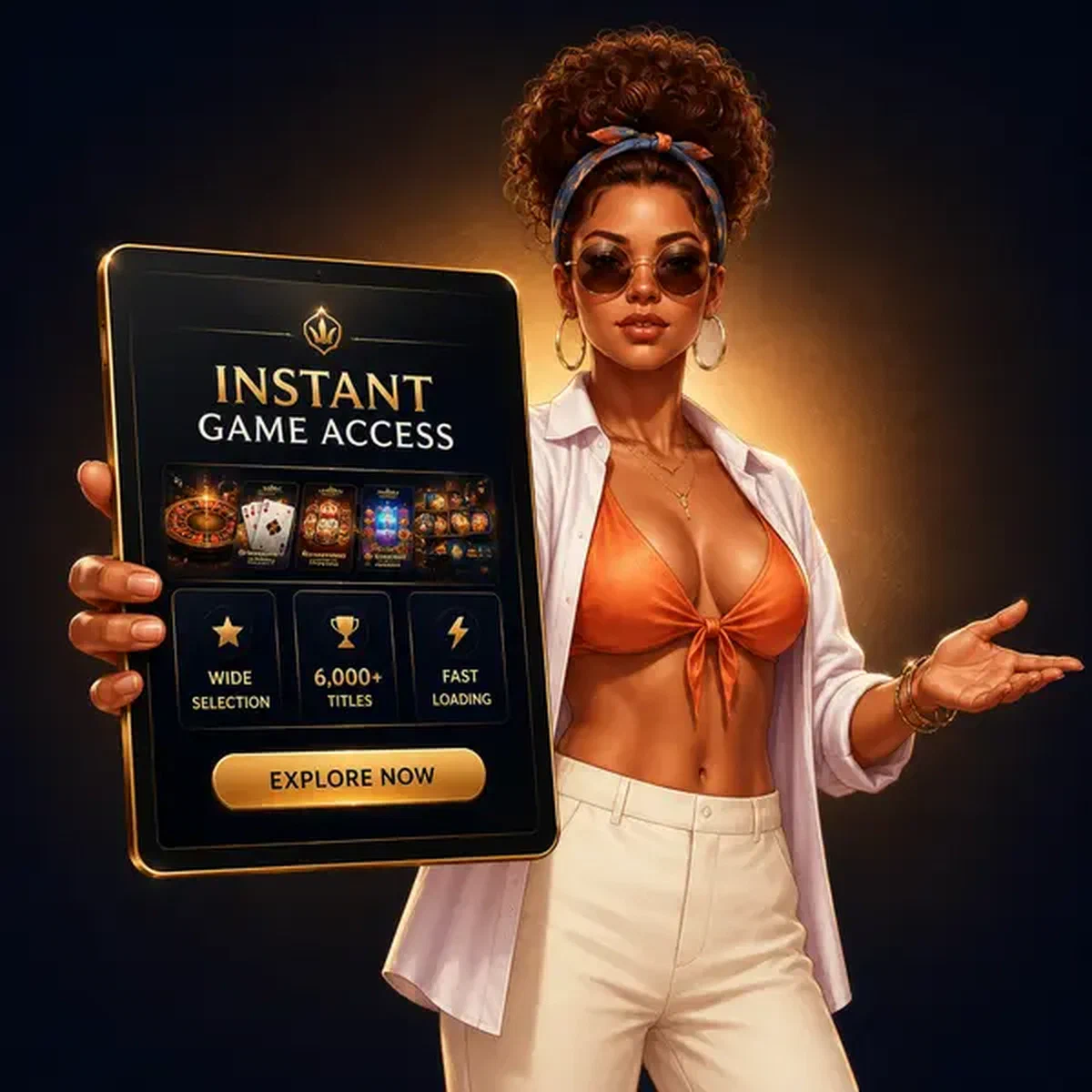 Gerente do Resort apresentando tablet com acesso instantâneo a mais de 6.000 jogos para cadastro fácil