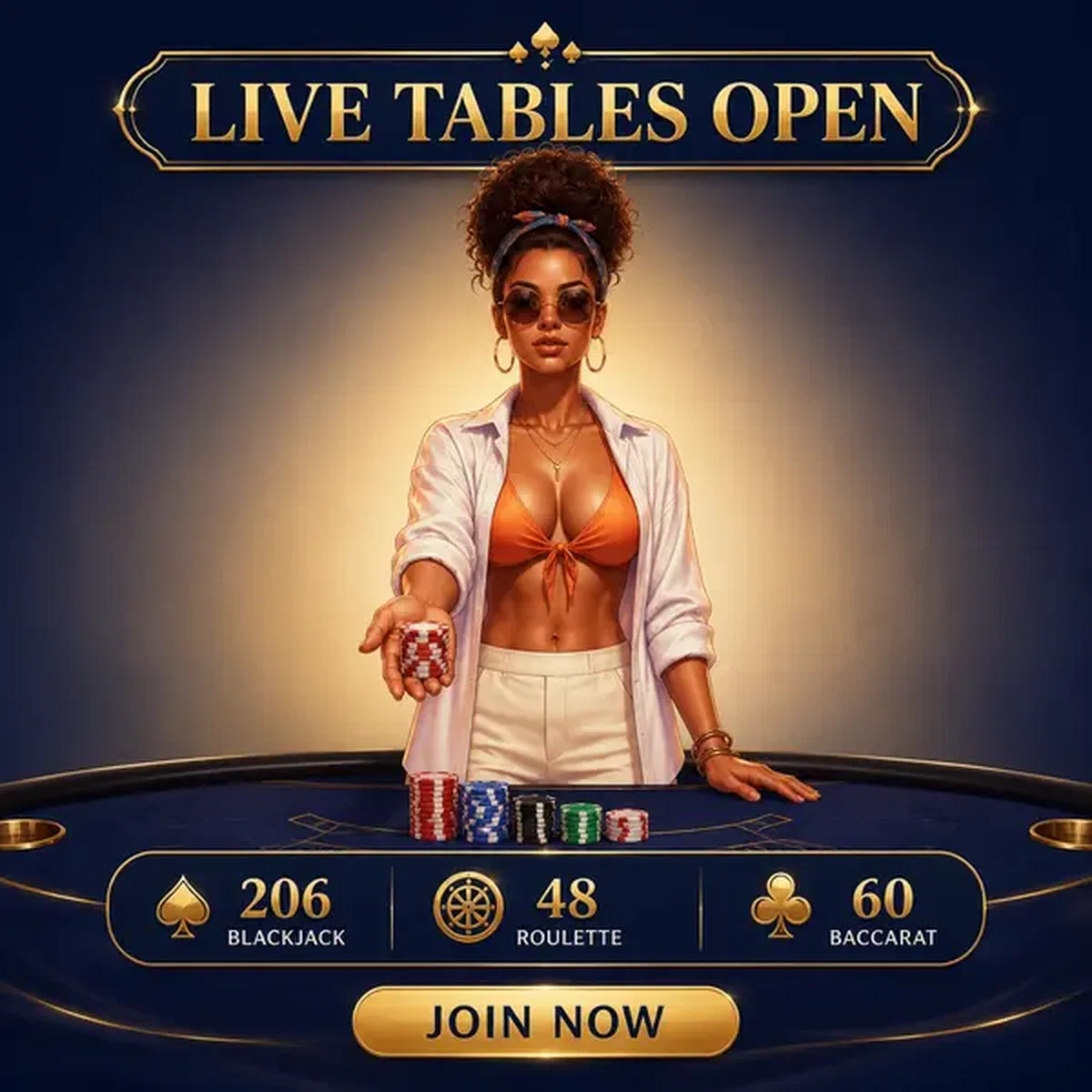 Dealer profissional apresentando fichas de pôquer em Mesas ao Vivo Abertas Agora: cassino ao vivo de Blackjack, Roleta e Bacará