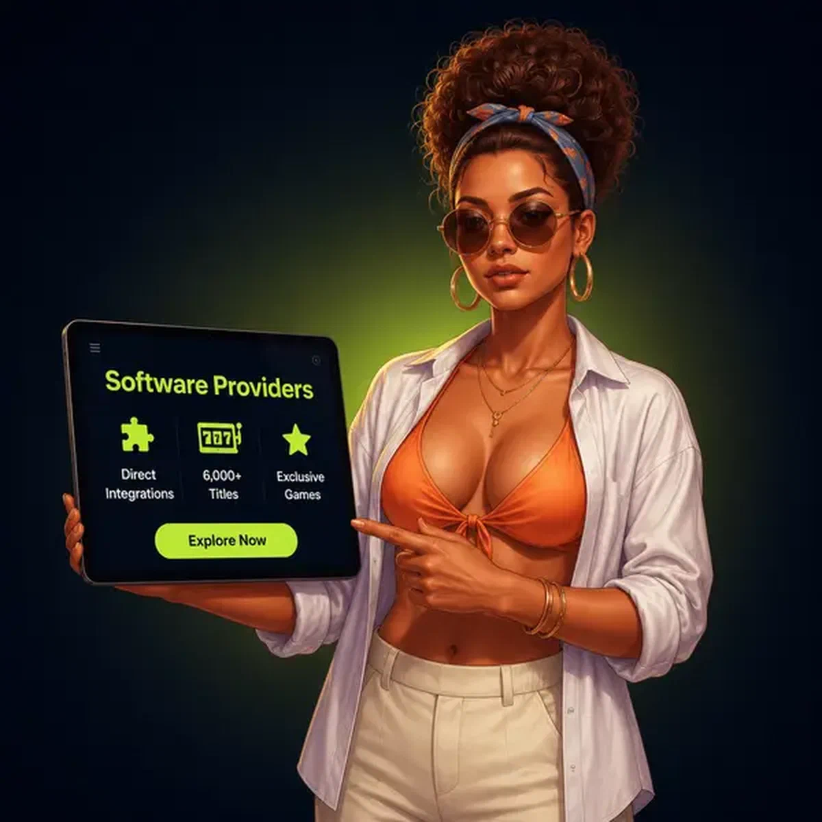 Gerente de Resort exibindo provedores de software em tablet no Gambloria Casino